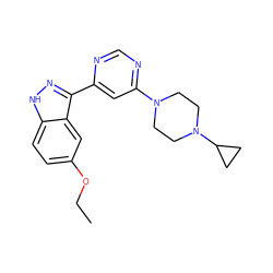 CCOc1ccc2[nH]nc(-c3cc(N4CCN(C5CC5)CC4)ncn3)c2c1 ZINC000221342034