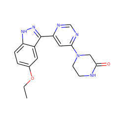 CCOc1ccc2[nH]nc(-c3cc(N4CCNC(=O)C4)ncn3)c2c1 ZINC000221342122