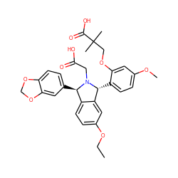 CCOc1ccc2c(c1)[C@@H](c1ccc(OC)cc1OCC(C)(C)C(=O)O)N(CC(=O)O)[C@@H]2c1ccc2c(c1)OCO2 ZINC000029416857