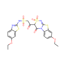 CCOc1ccc2c(c1)SC1=NS(=O)(=O)C(C(=O)CS(=O)(=O)Nc3nc4ccc(OCC)cc4s3)C(=O)N12 ZINC000002007629