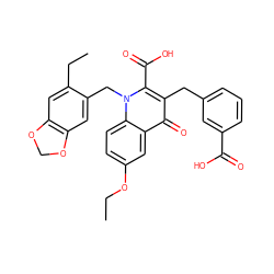 CCOc1ccc2c(c1)c(=O)c(Cc1cccc(C(=O)O)c1)c(C(=O)O)n2Cc1cc2c(cc1CC)OCO2 ZINC000064526379