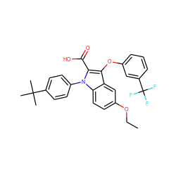 CCOc1ccc2c(c1)c(Oc1cccc(C(F)(F)F)c1)c(C(=O)O)n2-c1ccc(C(C)(C)C)cc1 ZINC000028528273