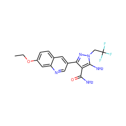 CCOc1ccc2cc(-c3nn(CC(F)(F)F)c(N)c3C(N)=O)cnc2c1 ZINC000653706740