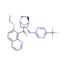 CCOc1ccc2cccnc2c1C(=O)N1[C@H]2CC[C@H]1[C@H](Nc1cnc(C(F)(F)F)cn1)C2 ZINC000221046469