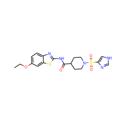 CCOc1ccc2nc(NC(=O)C3CCN(S(=O)(=O)c4c[nH]cn4)CC3)sc2c1 ZINC000012469009