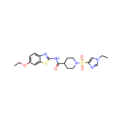 CCOc1ccc2nc(NC(=O)C3CCN(S(=O)(=O)c4cn(CC)cn4)CC3)sc2c1 ZINC000064957407