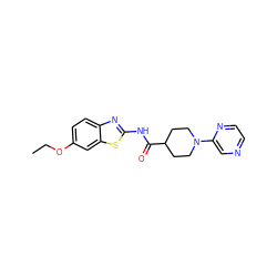 CCOc1ccc2nc(NC(=O)C3CCN(c4cnccn4)CC3)sc2c1 ZINC000004965300