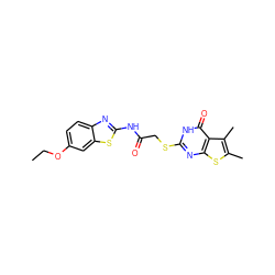 CCOc1ccc2nc(NC(=O)CSc3nc4sc(C)c(C)c4c(=O)[nH]3)sc2c1 ZINC000012494251