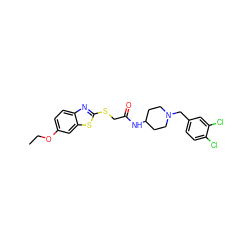 CCOc1ccc2nc(SCC(=O)NC3CCN(Cc4ccc(Cl)c(Cl)c4)CC3)sc2c1 ZINC000028232576