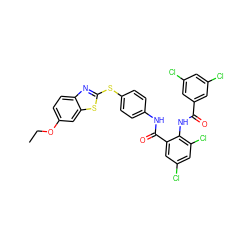 CCOc1ccc2nc(Sc3ccc(NC(=O)c4cc(Cl)cc(Cl)c4NC(=O)c4cc(Cl)cc(Cl)c4)cc3)sc2c1 ZINC000026568936