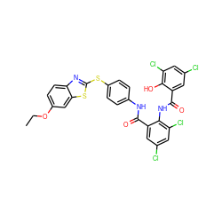 CCOc1ccc2nc(Sc3ccc(NC(=O)c4cc(Cl)cc(Cl)c4NC(=O)c4cc(Cl)cc(Cl)c4O)cc3)sc2c1 ZINC000026567465