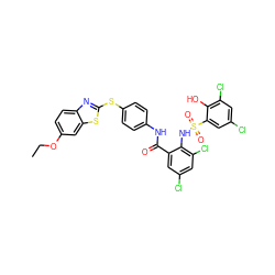 CCOc1ccc2nc(Sc3ccc(NC(=O)c4cc(Cl)cc(Cl)c4NS(=O)(=O)c4cc(Cl)cc(Cl)c4O)cc3)sc2c1 ZINC000095542266