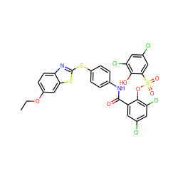 CCOc1ccc2nc(Sc3ccc(NC(=O)c4cc(Cl)cc(Cl)c4OS(=O)(=O)c4cc(Cl)cc(Cl)c4O)cc3)sc2c1 ZINC000026569690