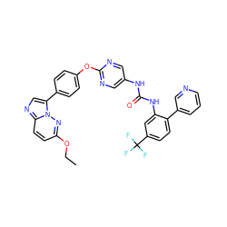 CCOc1ccc2ncc(-c3ccc(Oc4ncc(NC(=O)Nc5cc(C(F)(F)F)ccc5-c5cccnc5)cn4)cc3)n2n1 ZINC000223411840