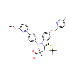 CCOc1cccc(-c2ccc(Cn3c(CC(C)(C)C(=O)O)c(SC(C)(C)C)c4cc(OCc5ccc(C)cn5)ccc43)cc2)n1 ZINC000073142314