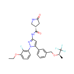 CCOc1cccc(-n2nc(NC(=O)[C@@H]3CNC(=O)C3)cc2-c2cccc(CO[C@H](C)C(F)(F)F)c2)c1F ZINC000169707392