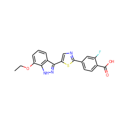 CCOc1cccc2c(-c3cnc(-c4ccc(C(=O)O)c(F)c4)s3)n[nH]c12 ZINC000653793982