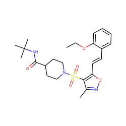 CCOc1ccccc1/C=C/c1onc(C)c1S(=O)(=O)N1CCC(C(=O)NC(C)(C)C)CC1 ZINC000009503117