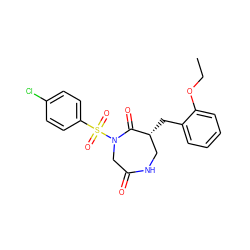 CCOc1ccccc1C[C@@H]1CNC(=O)CN(S(=O)(=O)c2ccc(Cl)cc2)C1=O ZINC000028894291