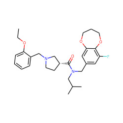 CCOc1ccccc1CN1CC[C@@H](C(=O)N(Cc2cc(F)c3c(c2)OCCCO3)CC(C)C)C1 ZINC000114100565