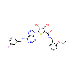 CCOc1ccccc1CNC(=O)[C@H]1S[C@@H](n2cnc3c(NCc4cccc(I)c4)ncnc32)[C@H](O)[C@@H]1O ZINC000049757111