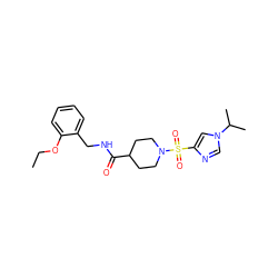 CCOc1ccccc1CNC(=O)C1CCN(S(=O)(=O)c2cn(C(C)C)cn2)CC1 ZINC000064957740