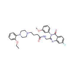 CCOc1ccccc1N1CCN(CCCC(=O)NCc2nc3cc(F)ccc3c(=O)n2-c2cccc(OC)c2)CC1 ZINC000029123337