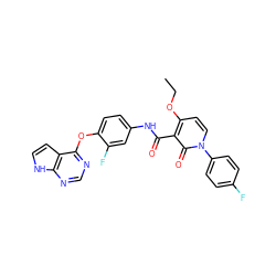 CCOc1ccn(-c2ccc(F)cc2)c(=O)c1C(=O)Nc1ccc(Oc2ncnc3[nH]ccc23)c(F)c1 ZINC000169333356