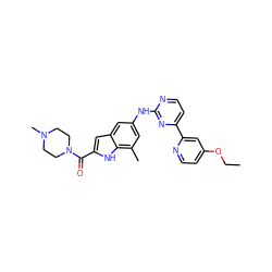 CCOc1ccnc(-c2ccnc(Nc3cc(C)c4[nH]c(C(=O)N5CCN(C)CC5)cc4c3)n2)c1 ZINC000144293402