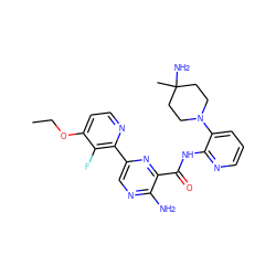 CCOc1ccnc(-c2cnc(N)c(C(=O)Nc3ncccc3N3CCC(C)(N)CC3)n2)c1F ZINC001772600476