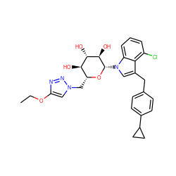 CCOc1cn(C[C@H]2O[C@@H](n3cc(Cc4ccc(C5CC5)cc4)c4c(Cl)cccc43)[C@H](O)[C@@H](O)[C@@H]2O)nn1 ZINC000219448683