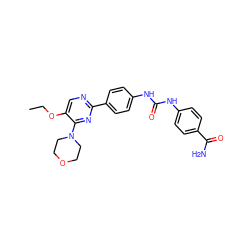 CCOc1cnc(-c2ccc(NC(=O)Nc3ccc(C(N)=O)cc3)cc2)nc1N1CCOCC1 ZINC000118176565