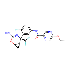 CCOc1cnc(C(=O)Nc2ccc(F)c([C@@]3(C(F)F)N=C(N)O[C@@H]4C[C@@H]43)c2)cn1 ZINC000226122703