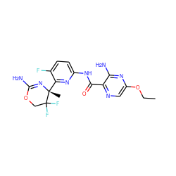 CCOc1cnc(C(=O)Nc2ccc(F)c([C@@]3(C)N=C(N)OCC3(F)F)n2)c(N)n1 ZINC000219003182