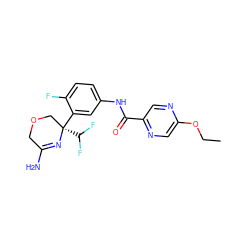 CCOc1cnc(C(=O)Nc2ccc(F)c([C@]3(C(F)F)COCC(N)=N3)c2)cn1 ZINC000113658753