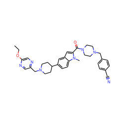 CCOc1cnc(CN2CCC(c3ccc4c(c3)cc(C(=O)N3CCN(Cc5ccc(C#N)cc5)CC3)n4C)CC2)cn1 ZINC000222949795