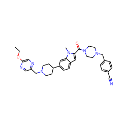 CCOc1cnc(CN2CCC(c3ccc4cc(C(=O)N5CCN(Cc6ccc(C#N)cc6)CC5)n(C)c4c3)CC2)cn1 ZINC000222949887