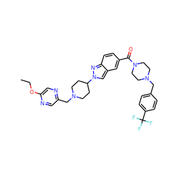 CCOc1cnc(CN2CCC(n3cc4cc(C(=O)N5CCN(Cc6ccc(C(F)(F)F)cc6)CC5)ccc4n3)CC2)cn1 ZINC001772654317