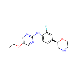 CCOc1cnc(Nc2ccc([C@@H]3CNCCO3)cc2F)nc1 ZINC000149921766