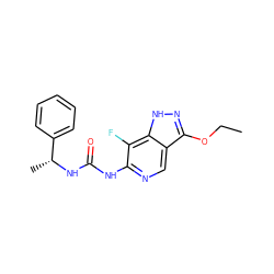 CCOc1n[nH]c2c(F)c(NC(=O)N[C@H](C)c3ccccc3)ncc12 ZINC000209390400