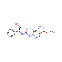 CCOc1n[nH]c2c(F)c(NC(=O)N[C@H](CO)c3ccccc3)ncc12 ZINC000209390445