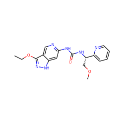 CCOc1n[nH]c2cc(NC(=O)N[C@@H](COC)c3ccccn3)ncc12 ZINC000209316883