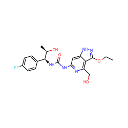 CCOc1n[nH]c2cc(NC(=O)N[C@@H](c3ccc(F)cc3)[C@@H](C)O)nc(CO)c12 ZINC000210463530