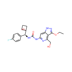 CCOc1n[nH]c2cc(NC(=O)N[C@@H](c3ccc(F)cc3)C3(O)CCC3)nc(CO)c12 ZINC001772651721