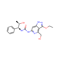 CCOc1n[nH]c2cc(NC(=O)N[C@@H](c3ccccc3)[C@@H](C)O)nc(CO)c12 ZINC001772625109