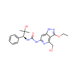 CCOc1n[nH]c2cc(NC(=O)N[C@@H](c3ccccc3)C(C)(C)O)nc(CO)c12 ZINC001772624516