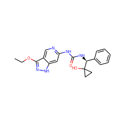 CCOc1n[nH]c2cc(NC(=O)N[C@@H](c3ccccc3)C3(O)CC3)ncc12 ZINC001772574720