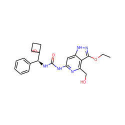 CCOc1n[nH]c2cc(NC(=O)N[C@@H](c3ccccc3)C3(O)CCC3)nc(CO)c12 ZINC001772577170