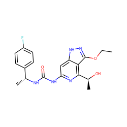 CCOc1n[nH]c2cc(NC(=O)N[C@H](C)c3ccc(F)cc3)nc([C@H](C)O)c12 ZINC001772612692