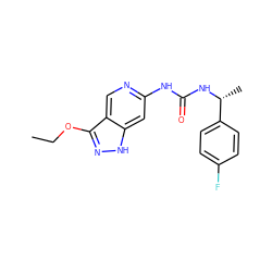 CCOc1n[nH]c2cc(NC(=O)N[C@H](C)c3ccc(F)cc3)ncc12 ZINC001772640908